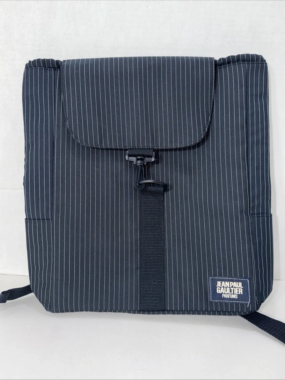 Jean Paul Gaultier Parfums PINSTRIPE BACKPACK Black NYLON INTERIOR Logo Bag NWOT